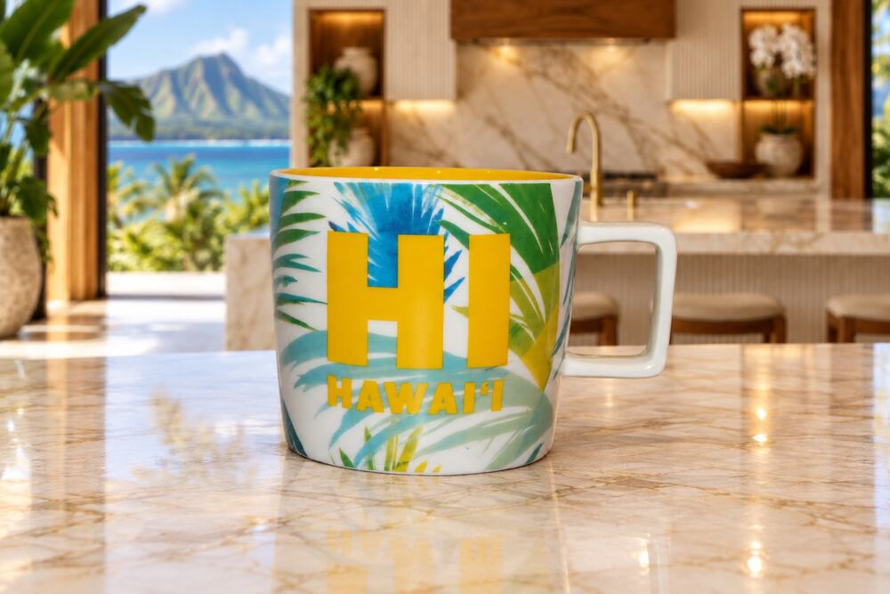 Starbucks Hawaii HI Ceramic Coffee Mug Tropical Leaves Yellow Interior 14 oz